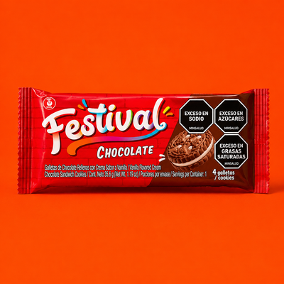Festival chocolate sandwich cookies package with four cookies