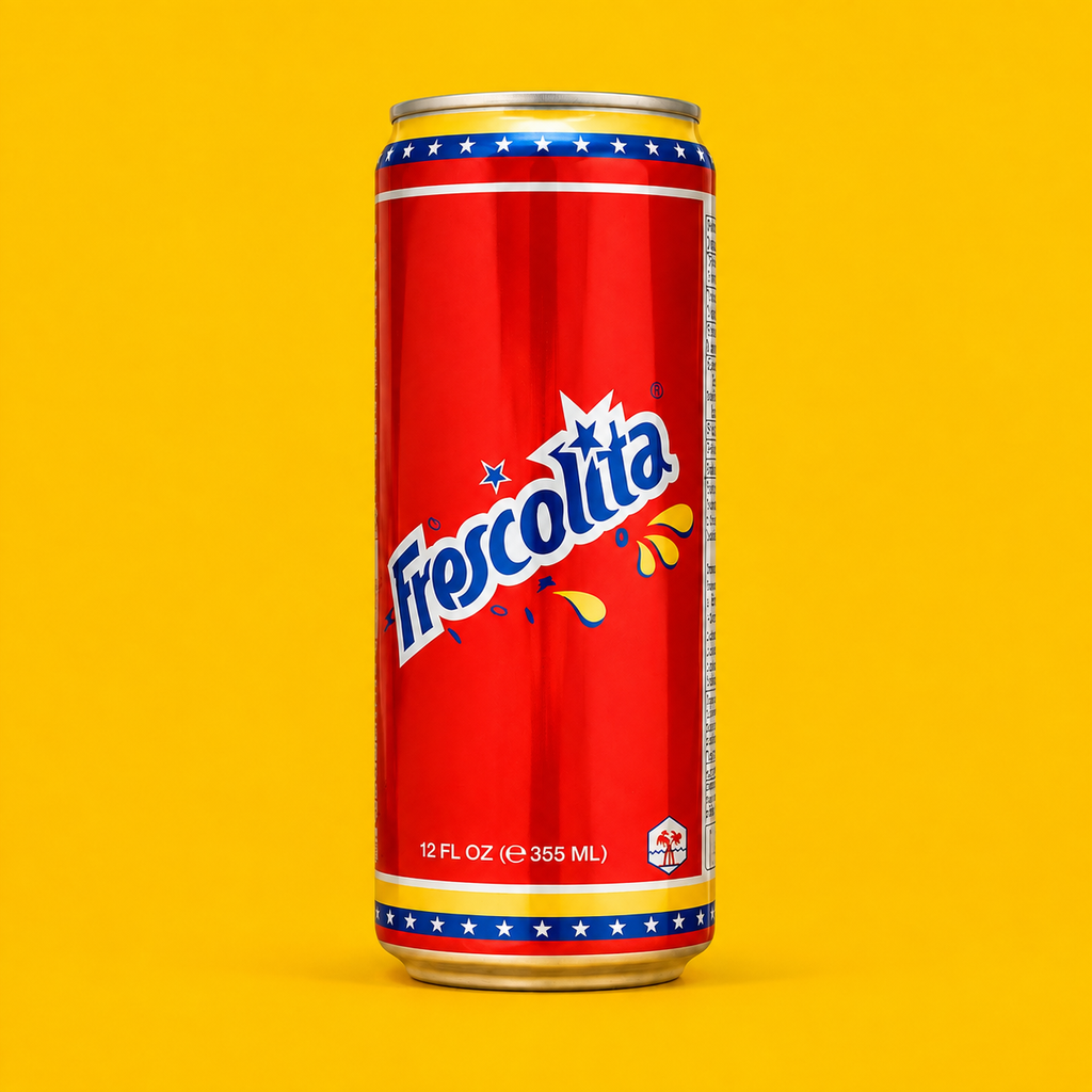 Frescolita Venezuelan soda can 355 ml on a yellow background