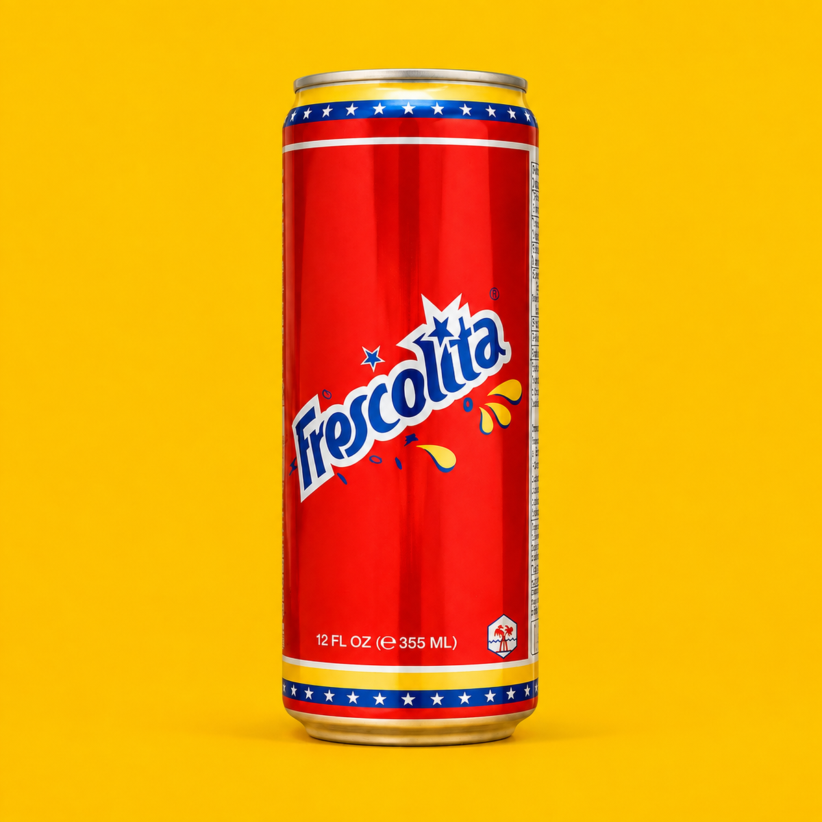 Frescolita Venezuelan soda can 355 ml on a yellow background