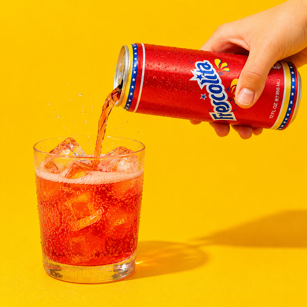 Frescolita Venezuelan soda being poured over ice
