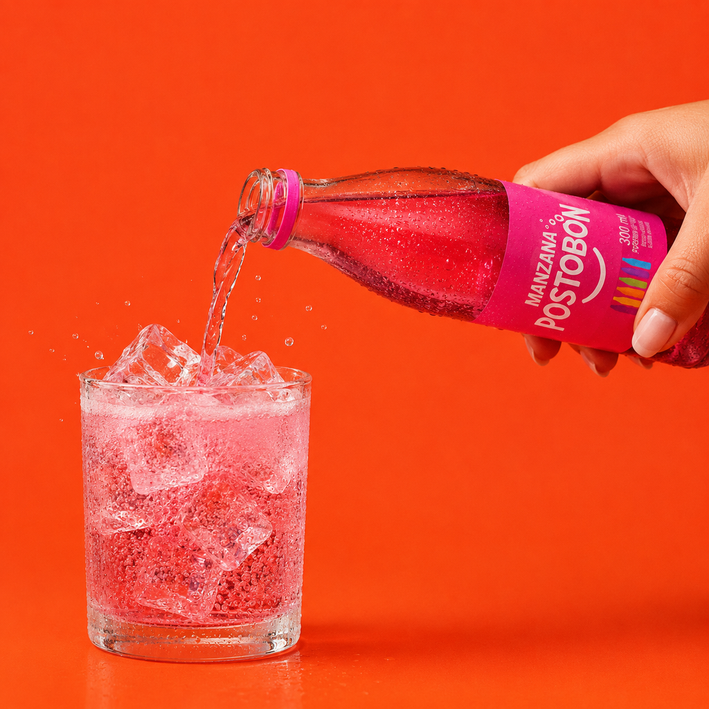 Postobón Manzana apple soda being poured over ice