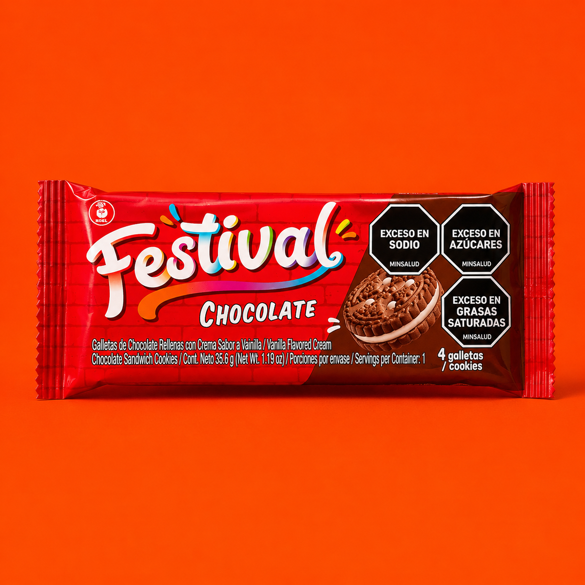 Festival chocolate sandwich cookies package with four cookies