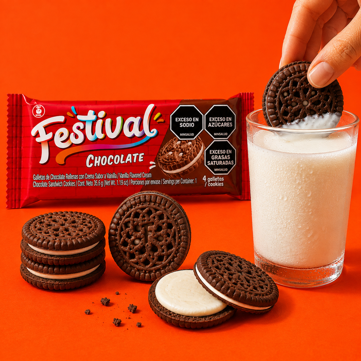 Festival chocolate sandwich cookies served with milk