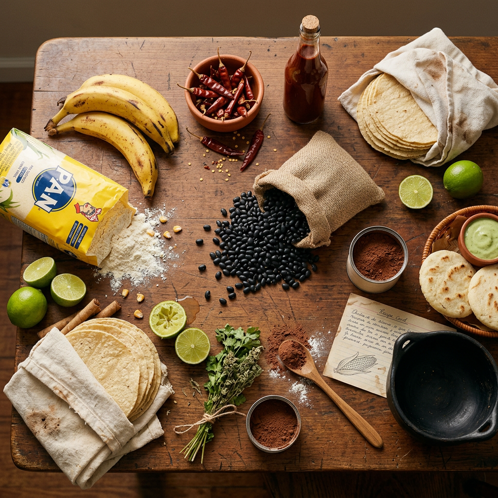 Wooden table with ingredients for making tortillas including flour, bananas, black beans, and spices.